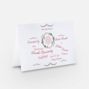 Colour rendition of a civil-war era greeting card. White background with wreath design and red text all around it.
